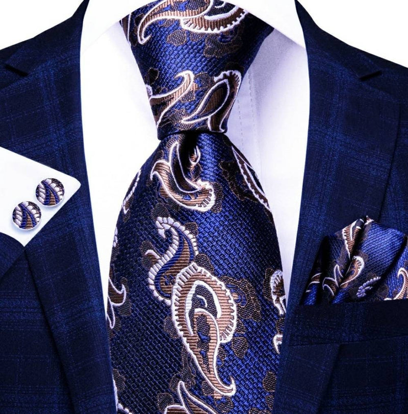 Men's Silk Necktie | Pocket Square | Woven Cufflink Set Navy Brown