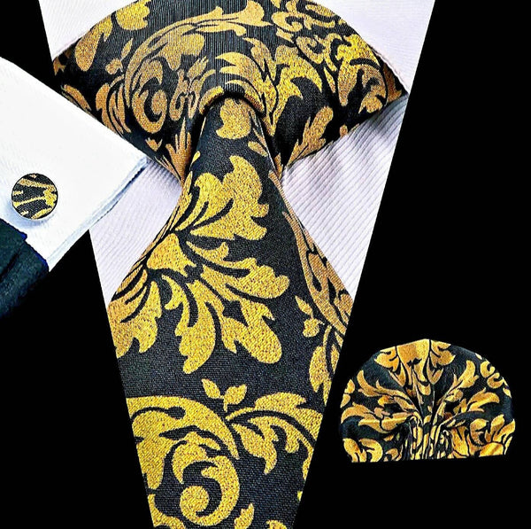 Men's Silk Necktie | Pocket Square | Woven Cufflink Set Grey/Gold