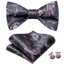 Silk Bowtie (Self-Tie) & Pocket Square with Woven Cufflink Set Black/Pink