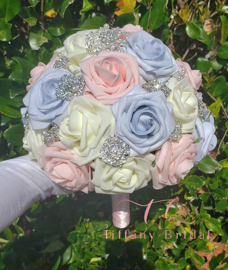 Pink, Blue and Ivory Rose Wedding Bouquet-Brooch Bouquet-Bridal Bouquet-Keepsake Bouquet-Toss Bouquet-Wedding Flowers-Bridesmaid Bouquet