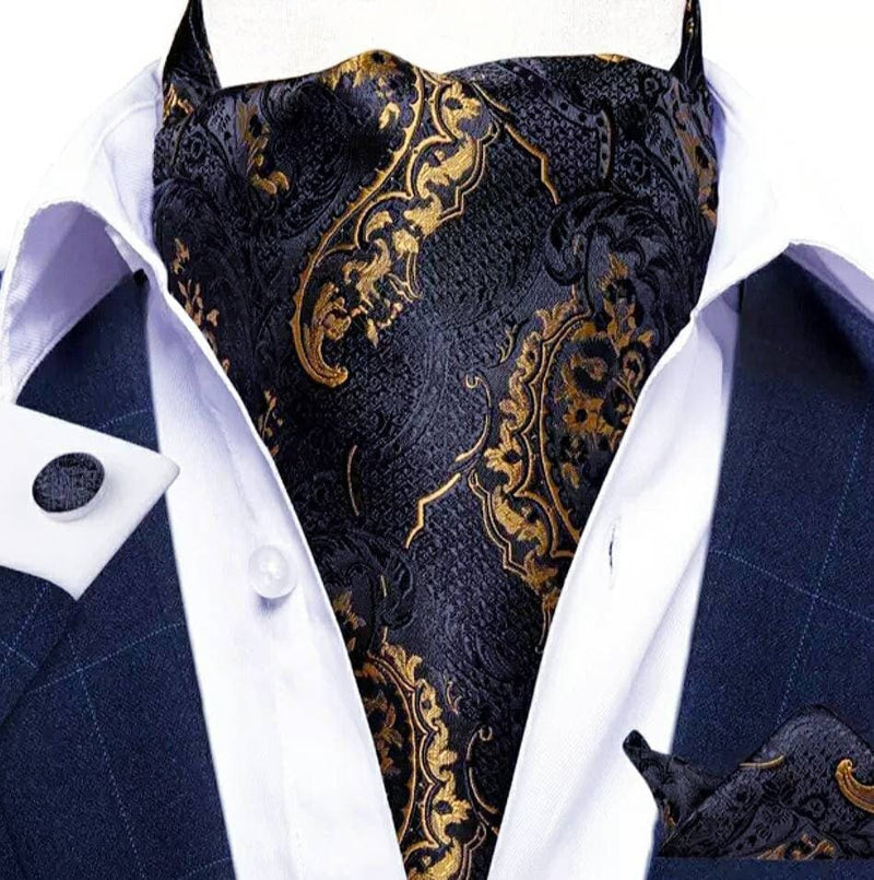 Men's Silk Ascot | Pocket Square | Woven Cufflink Set Black/Gold