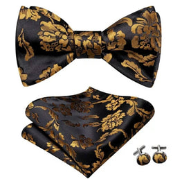 Silk Bowtie (Self-Tie) & Pocket Square with Woven Cufflink Set Black/Gold