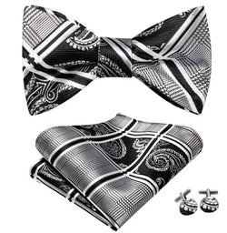 Silk Bowtie (Self-Tie) & Pocket Square with Woven Cufflink Set Black/Silver
