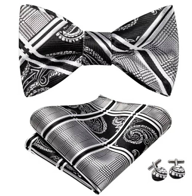 Silk Bowtie (Self-Tie) & Pocket Square with Woven Cufflink Set Black/Silver