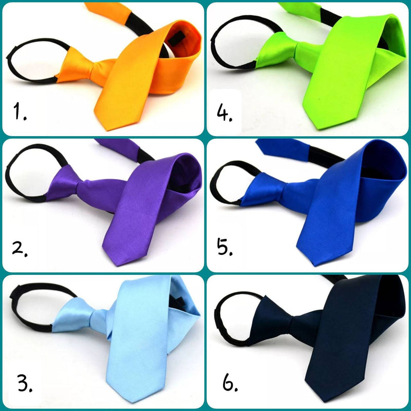 Kids Adjustable Necktie | Children | Zip Tie 1. Orange,2. Purple,3. Lite Blue,4. Neon Green,5. Royal Blue,6. Navy,7. Black,8. Red,9. Pink,10. Gold,11. White