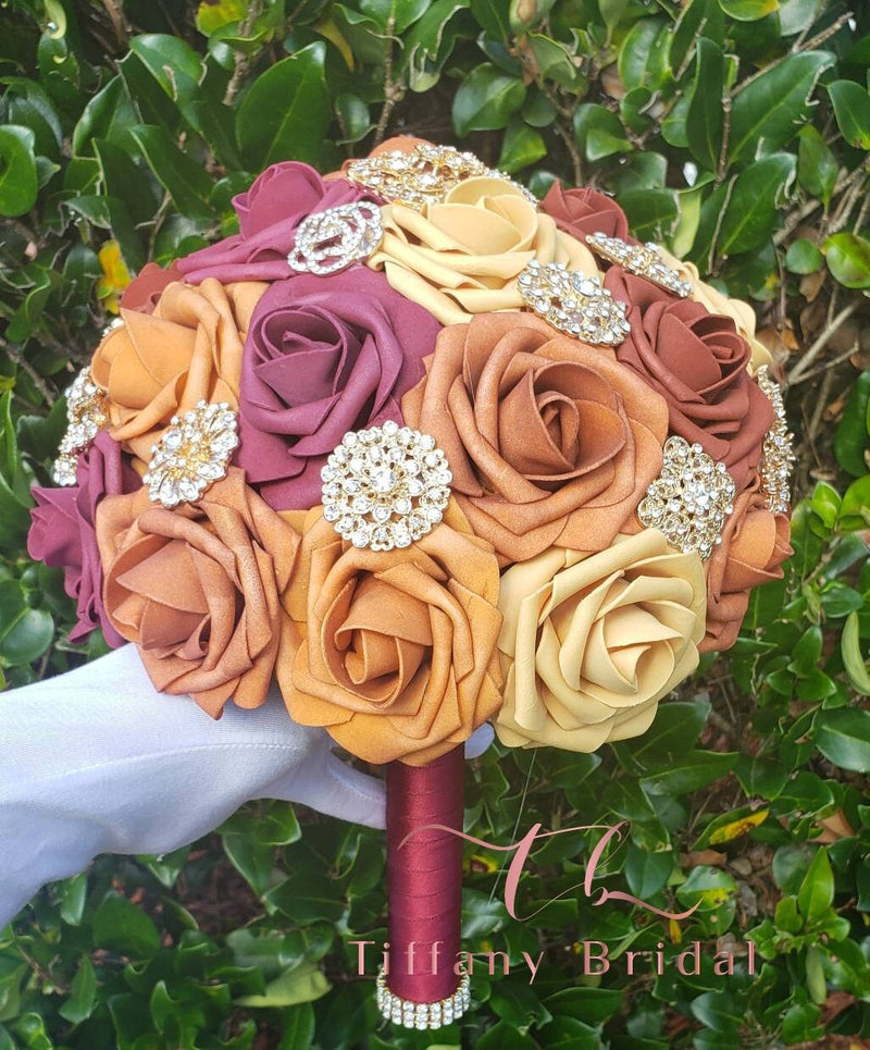 Dusty Gold and Burgundy Bouquet - Brooch Bouquet - Bridal Bouquet - Keepsake Bouquet - Toss Bouquet - Wedding Flowers - Bridesmaid Bouquet