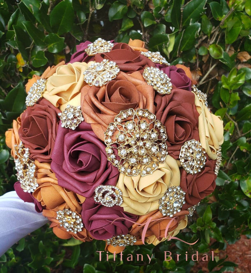 Dusty Gold and Burgundy Bouquet - Brooch Bouquet - Bridal Bouquet - Keepsake Bouquet - Toss Bouquet - Wedding Flowers - Bridesmaid Bouquet