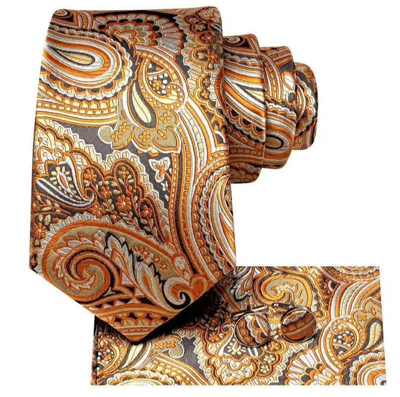 Men's Silk Necktie | Pocket Square | Woven Cufflink Set Orange/White/Grey