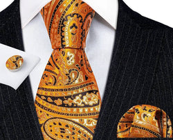 Men's Silk Necktie | Pocket Square | Woven Cufflink Set Orange/Gold/Black