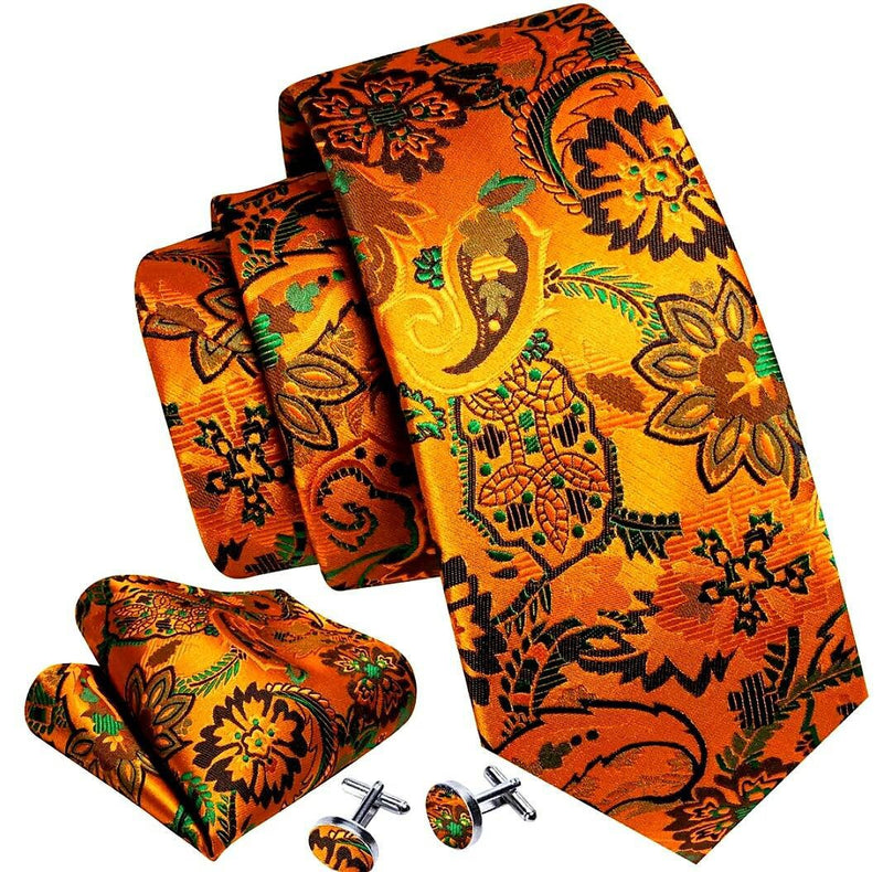 Men's Silk Necktie | Pocket Square | Woven Cufflink Set Orange