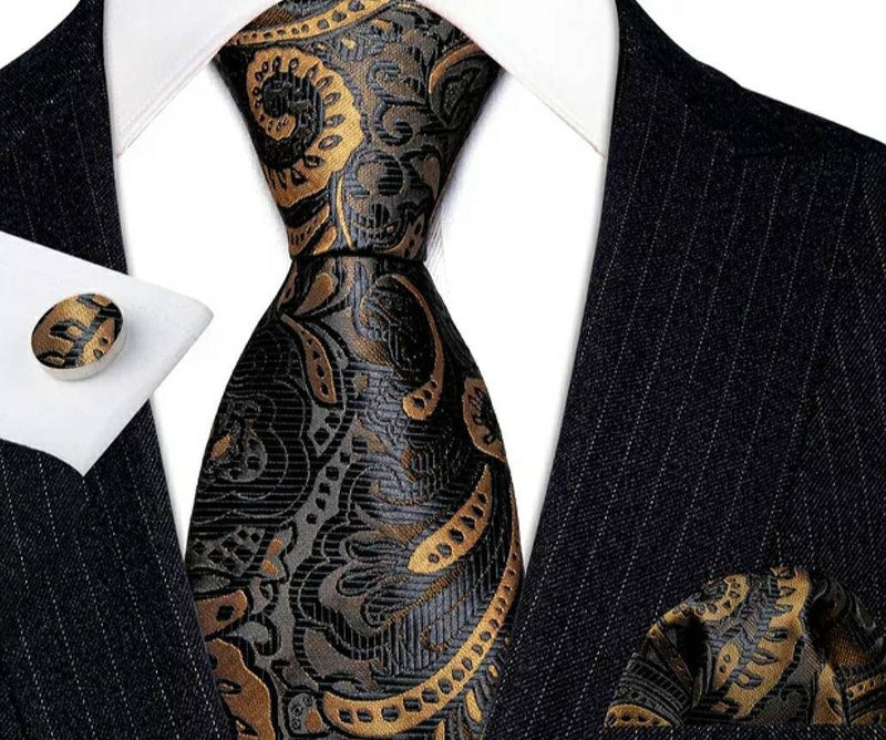 Men's Silk Necktie | Pocket Square | Woven Cufflink Set Black/Brown