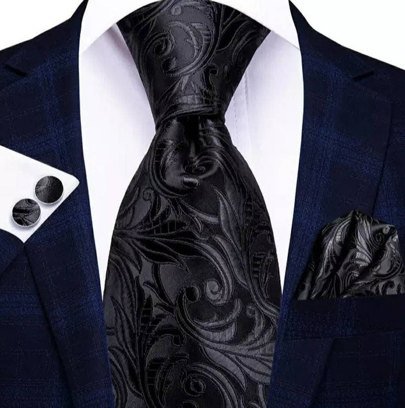 Men's Silk Necktie | Pocket Square | Woven Cufflink Set Black