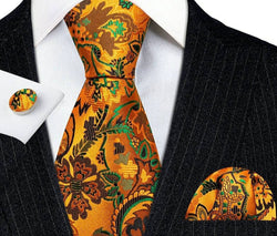 Men's Silk Necktie | Pocket Square | Woven Cufflink Set Orange