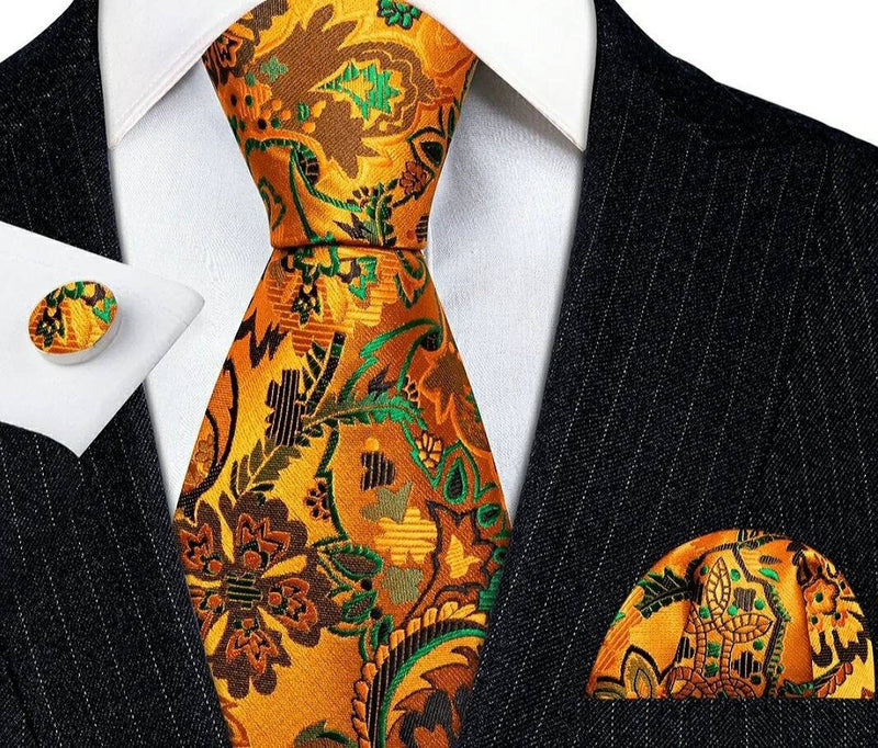 Men's Silk Necktie | Pocket Square | Woven Cufflink Set Orange