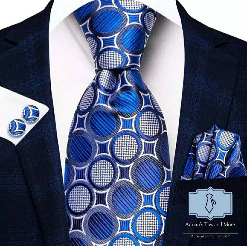 Men's Silk Necktie | Pocket Square | Woven Cufflink Set Blue/White
