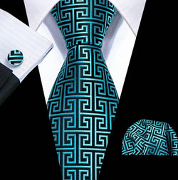 Men's Silk Necktie | Pocket Square | Woven Cufflink Set Black/Turquoise