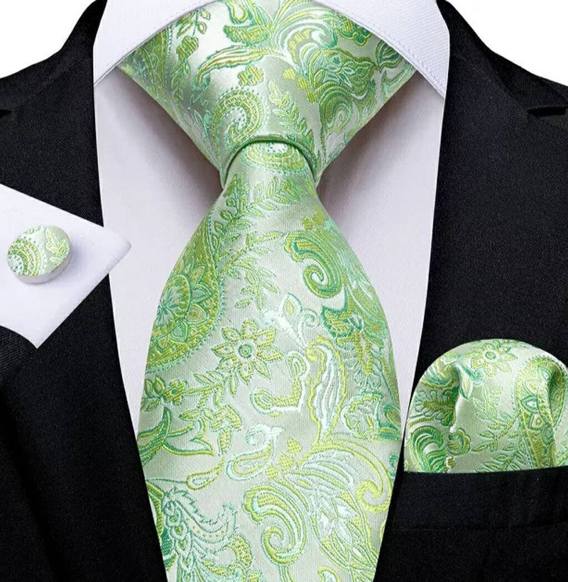 Men's Silk Necktie | Pocket Square | Woven Cufflink Set Green
