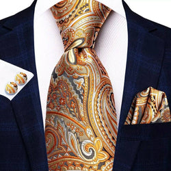 Men's Silk Necktie | Pocket Square | Woven Cufflink Set Orange/White/Grey
