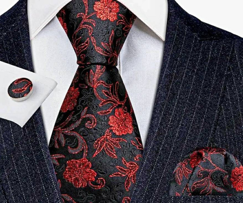 Men's Silk Necktie | Pocket Square | Woven Cufflink Set Red/Black