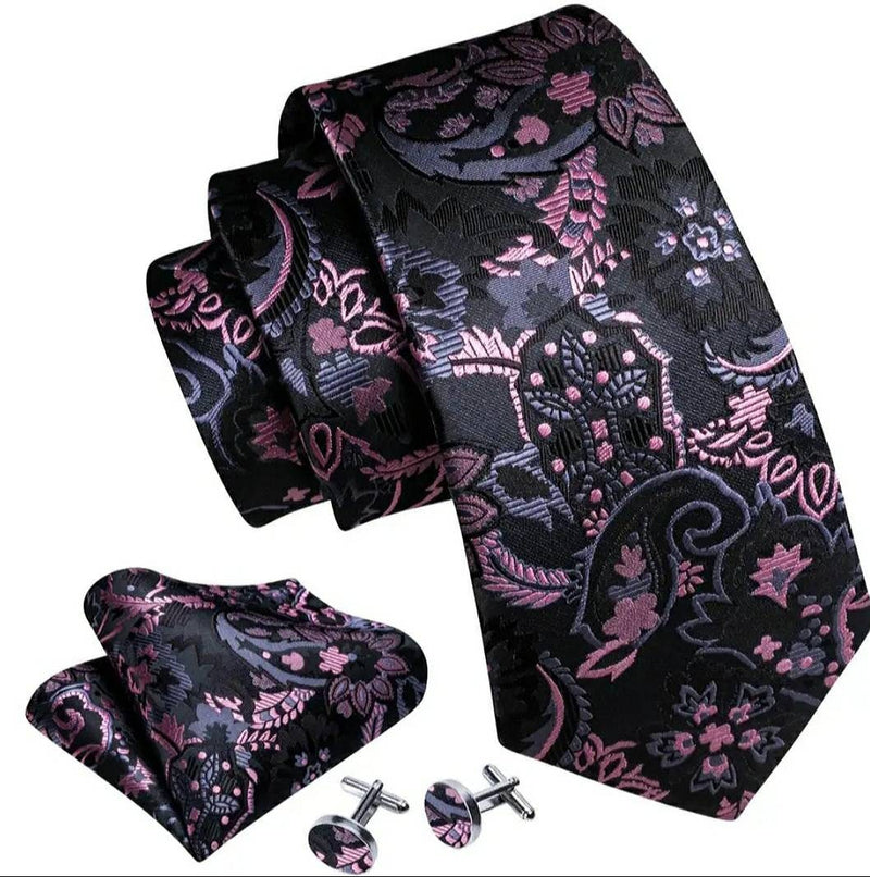 Men's Silk Necktie | Pocket Square | Woven Cufflink Set Pink/Black/Grey