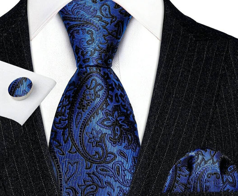 Men's Silk Necktie | Pocket Square | Woven Cufflink Set Blue/Black