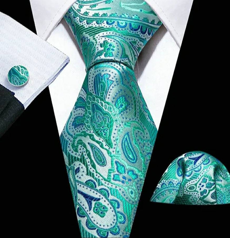 Men's Silk Necktie | Pocket Square | Woven Cufflink Set Turquoise