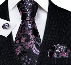 Men's Silk Necktie | Pocket Square | Woven Cufflink Set Pink/Black/Grey