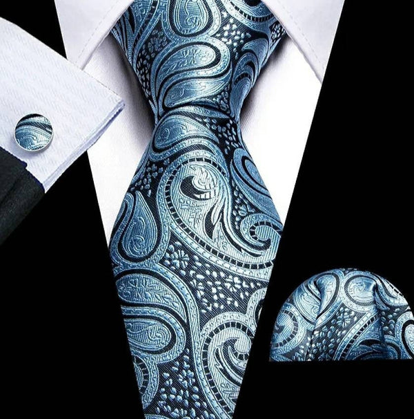 Men's Silk Necktie | Pocket Square | Woven Cufflink Set Blue/Lite Blue