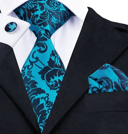 Men's Silk Necktie | Pocket Square | Woven Cufflink Set Turquiose/Black, Red/Black