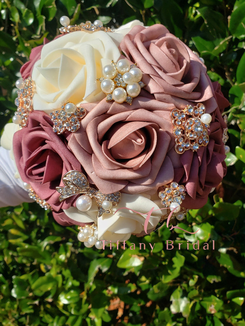 Mauve Ivory Dusty Rose Bouquet Brooch Bouquet Keepsake Bride Bridesmaid Crystal Bouquet