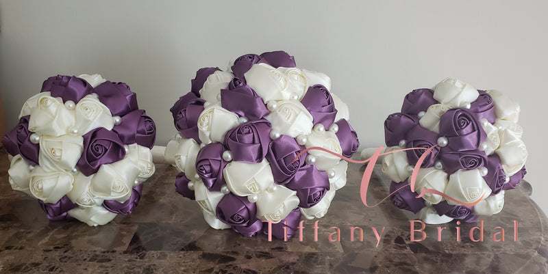 Purple Ivory Satin Wedding Bouquet - Pearl Bouquet - Bridal Bouquet - Keepsake Bouquet - Toss Bouquet - Wedding Flowers - Bridesmaid Bouquet