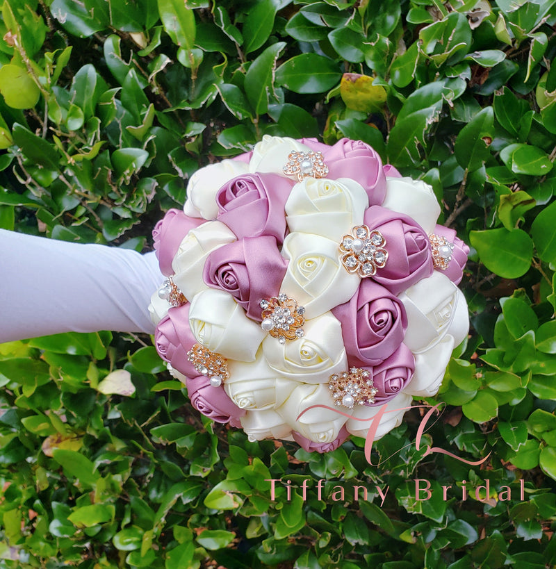 Mauve Ivory Wedding Bouquet, Brooch, Bridal, Keepsake, Toss, Wedding, Flowers, Bridesmaid, Pink & Ivory Rose Gold Bouquet, Rose, Quinceanera