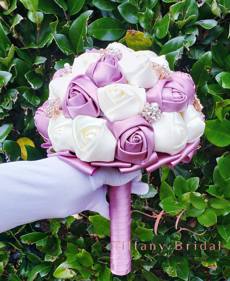 Mauve Ivory Wedding Bouquet, Brooch, Bridal, Keepsake, Toss, Wedding, Flowers, Bridesmaid, Pink & Ivory Rose Gold Bouquet, Rose, Quinceanera