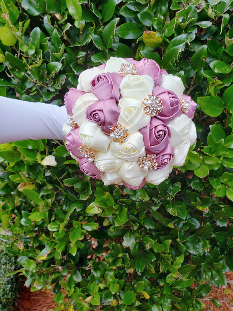 Mauve Ivory Wedding Bouquet, Brooch, Bridal, Keepsake, Toss, Wedding, Flowers, Bridesmaid, Pink & Ivory Rose Gold Bouquet, Rose, Quinceanera