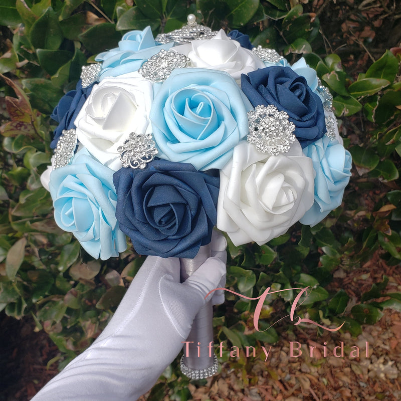 Baby Blue|Light Blue|White Wedding Bouquet|Brooch Bouquet|Bridal Bouquet|Keepsake Bouquet|Toss Bouquet|Wedding Flowers|Bridesmaid Bouquet