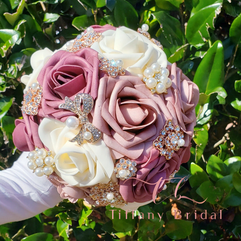 Mauve Ivory Dusty Rose Bouquet Brooch Bouquet Keepsake Bride Bridesmaid Crystal Bouquet
