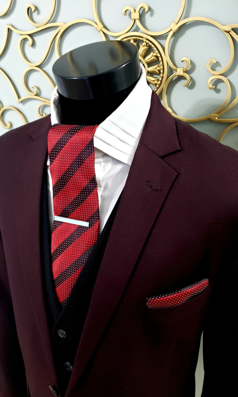 Men's Silk Necktie | Pocket Square | Woven Cufflink Set Black/Red/White