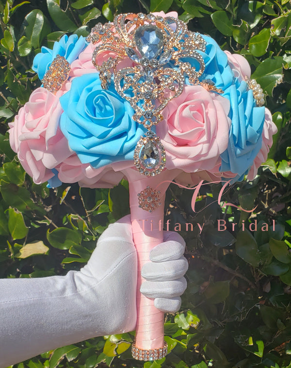 Pink and Blue Brooch Wedding Bouquet