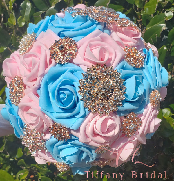 Pink and Blue Brooch Wedding Bouquet