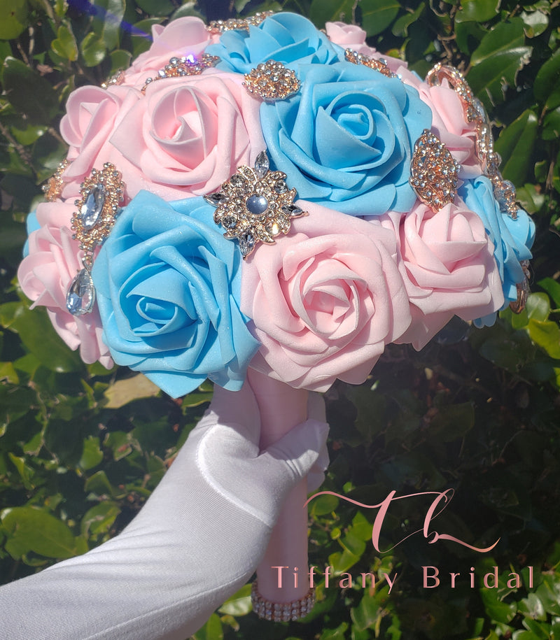 Pink and Blue Brooch Wedding Bouquet