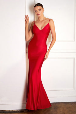 FITTED LONG METALLIC V-NECK DRESS BY CINDERELLA DIVINE SE003P